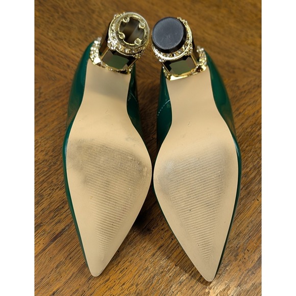 FSJ Green Patent Leather Faux Rhinestones Large Faux Emeralds Encrusted Heels 7 - Picture 11 of 11